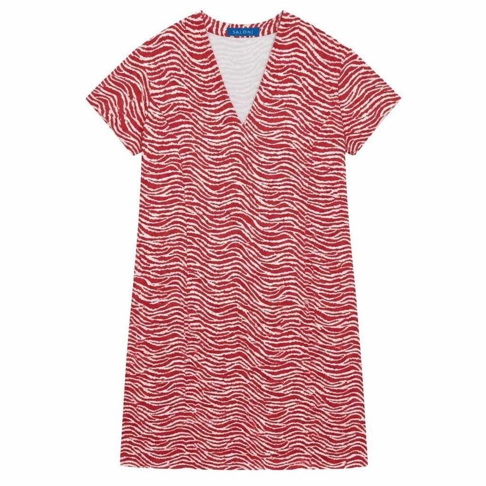 J. McLaughlin Dress Size M Red White Zebra Stripe V-Neck Catalina Cloth